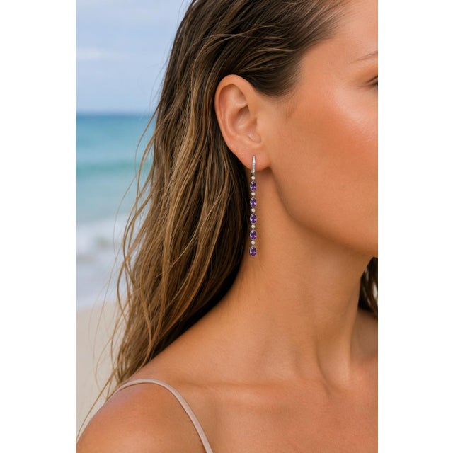 Modern Amethyst Huggie Drop Earrings, Silver, Gold, Pair For Sale - Image 3 of 9
