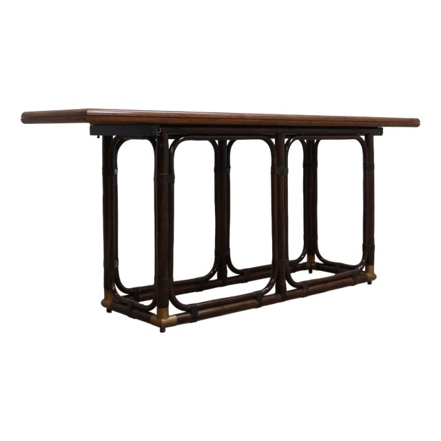 Rattan and Oak Convertible Console Dining Table from McGuire, 1970s For Sale