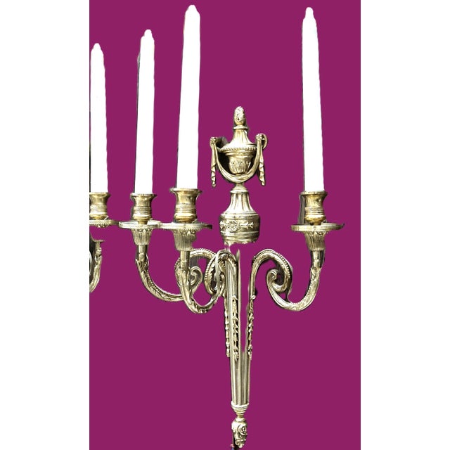 Large French Louis XVI Style Bronze Three-Arm Wall Sconces, 1950s, Set of 2 For Sale - Image 9 of 18