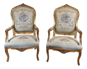 French Louis XV Gilt Armchairs with Needlepoint Upholstery, Set of 2
