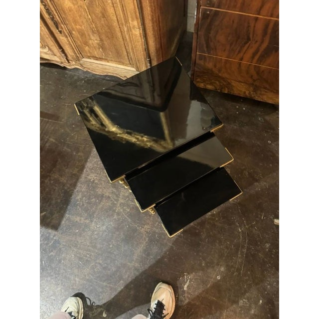 Early 21st Century Set of Italian Jansen Manner Brass and Black Lacquer Nesting Tables For Sale - Image 5 of 5
