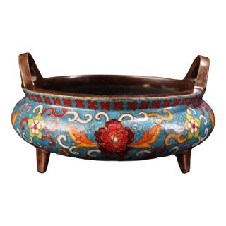 1980s Cloisonné Tripod Censer With Upright Ears - Blue Floral Enamel For Sale