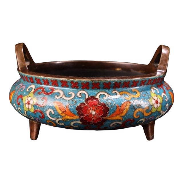 1980s Cloisonné Tripod Censer With Upright Ears - Blue Floral Enamel For Sale