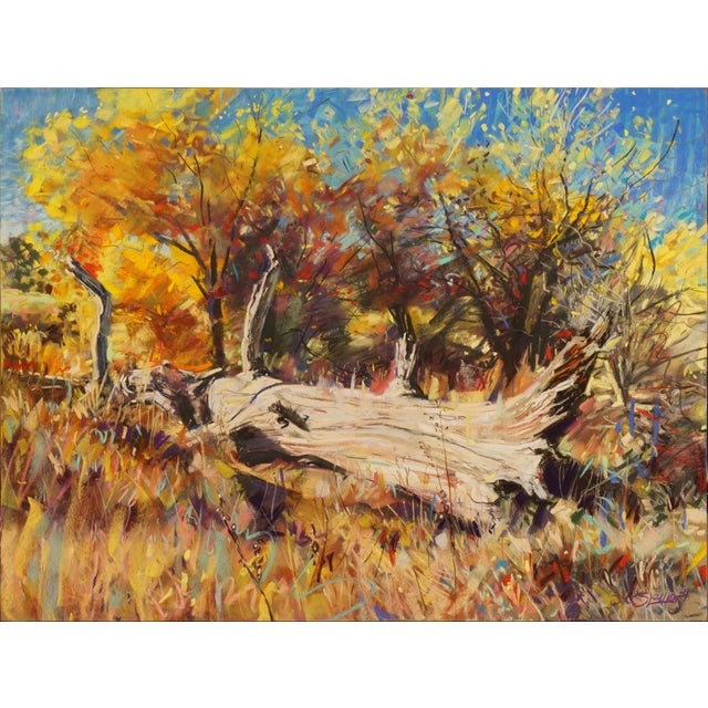 Contemporary Asleep in a Field of Gold by Jeff Slemons | Soft Pastel on Sanded Paper Landscape with trees and fallen log For Sale - Image 3 of 4