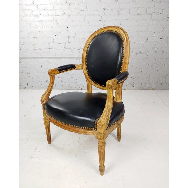 French 18th Century Original French Chairs Black Leather Upholstered - a Pair For Sale - Image 3 of 10