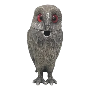 1940s Small Hallmarked Silver Plate Owl Mustard Pot With Red Glass Eyes