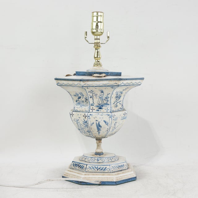 Late 20th Century Pair of Vintage Hand-Painted Dutch Blue and White Tile-Style Metal Table Lamp - Octagonal Urn With Pastoral Scenes For Sale - Image 5 of 16