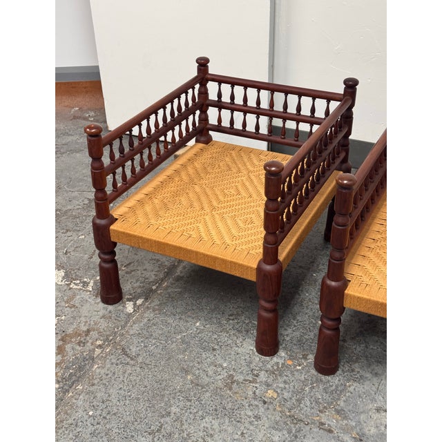 Indian Vintage Rush Seat Low Chairs, Pair For Sale - Image 10 of 12