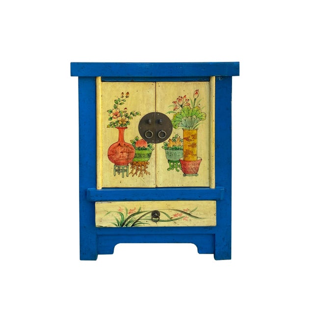 Chinese Rustic Bright Blue Yellow Graphic End Table Nightstand For Sale In San Francisco - Image 6 of 6