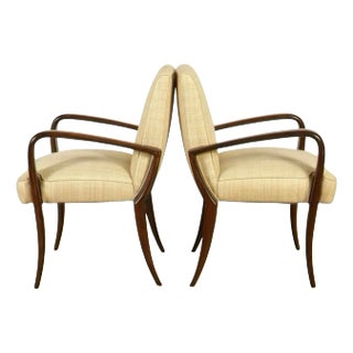 Sleek and Sinuous Dark Maple and Woven Raffia Art Deco Arm Chairs- A pair For Sale