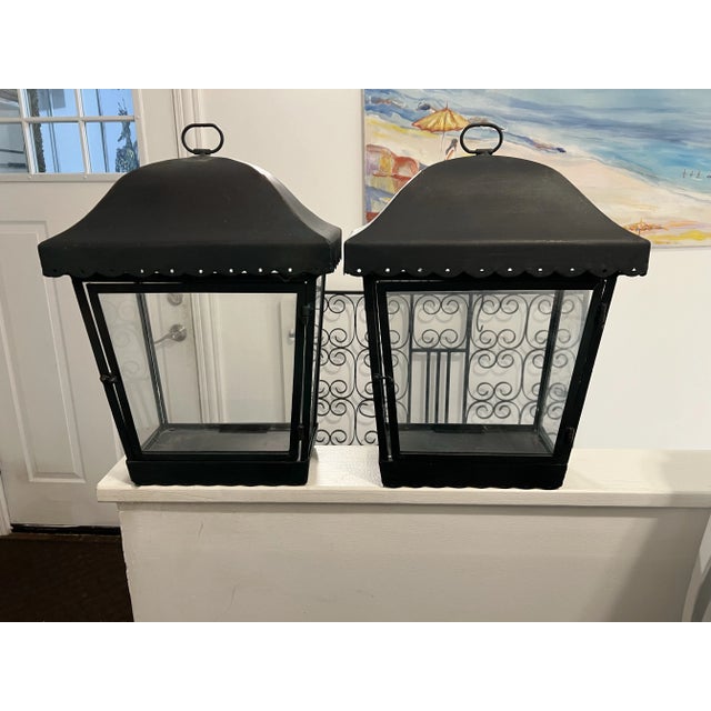 Chinoiserie Vintage Pagoda Style Black Tole Display Diorama Lanterns a Pair For Sale - Image 3 of 11