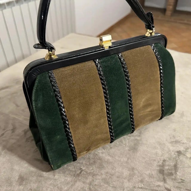 1960s Green and Brown Suede and Black Leather Italian Top Handle Bag For Sale - Image 11 of 13