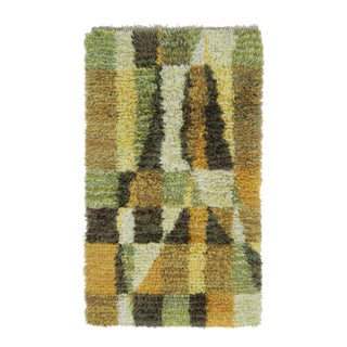 Vintage Swedish Rya Runner With Green and Ochre Tectonic Geometry - Rug & Kilim For Sale