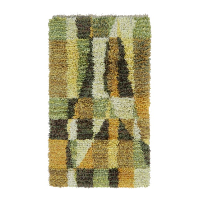 Vintage Swedish Rya Runner With Green and Ochre Tectonic Geometry - Rug & Kilim For Sale