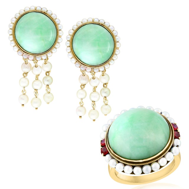 Vintage Natural Jade Earring & Ring Set + Natural Pearls, 14 K Yellow Gold 48 Gm For Sale - Image 11 of 18