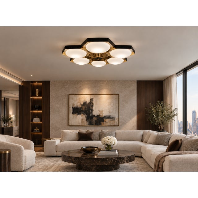 21st Century Hive Satin Brass Matte White Murano Flush Mount by Fabio LTD For Sale - Image 10 of 10