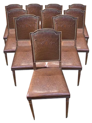 Louis XVI Leather Chairs, Set of 10