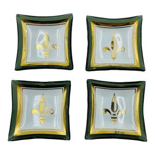 Vintage “Card Mates” Smoke Glass & Gold Leaf "Fleur De Lis" Petite Cocktail or Trinket Trays- Set of 4 For Sale