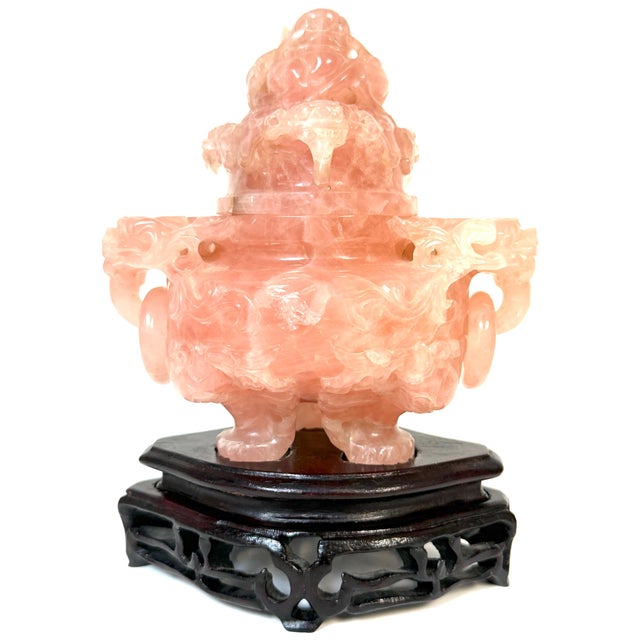 Chinese Carved Rose Quartz Archaistic Censer with Guardian Lion Finial, Estate of John Loring of Tiffanys Three pieces:...