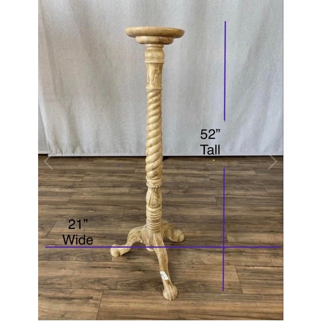 Vintage Plant Stand. Blond Painted Spiral Carved Wood. Slightly leans to one side. Good condition consistent with vintage...
