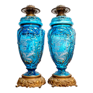 Early 20th Century Pair Mary Gregory Style Blue Glass on Gilt Metal Base Vase Oil Lamps