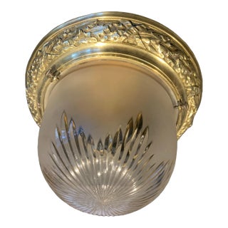 Antique French Brass and Etched Glass Flush Mount Light Fixture For Sale