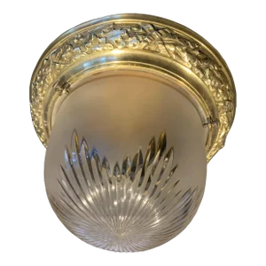 Antique French Brass and Etched Glass Flush Mount Light Fixture