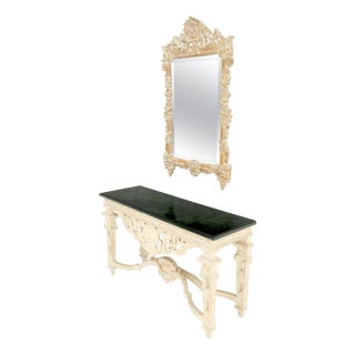 Maitland Smith Carved White Wash Finish Wall Mirror Matching Console Table MINT! For Sale