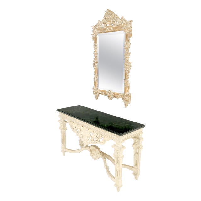Maitland Smith Carved White Wash Finish Wall Mirror Matching Console Table MINT! For Sale