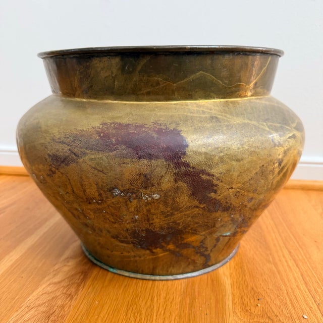 Brass Antique Hand-Hammered Brass Vessel / Planter With Aged Patina For Sale - Image 8 of 9