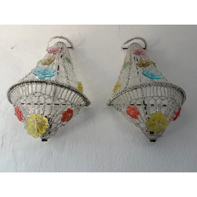Huge Beaded Colorful Murano Flowers Sconces, Circa 1940 Italian One of a Kind - a Pair For Sale - Image 14 of 14