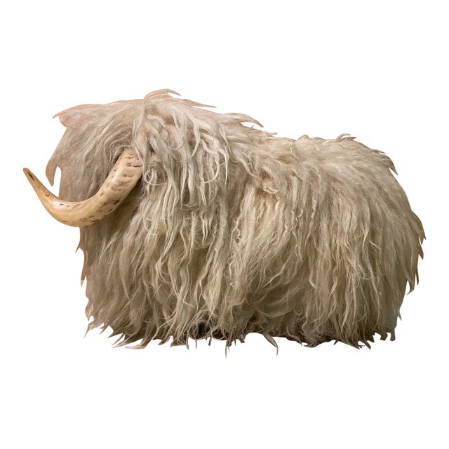 1970s Vintage Long Haired Lamb’s Wool Footstool Ottoman For Sale