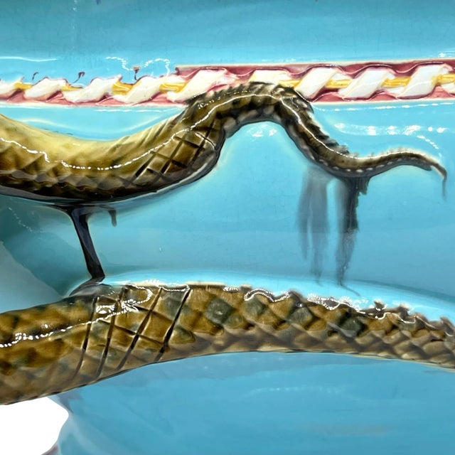A Minton Majolica Turquoise Ground Snake-Handled Jardinière, Dated 1858 For Sale - Image 11 of 13