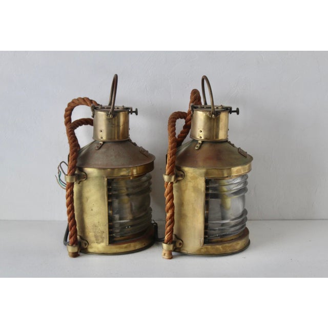 Vintage British Brass Glass Rope Marine Masthead Light Lantern Lamps-a Pair For Sale - Image 12 of 17