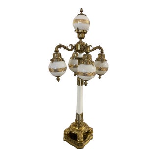 Vintage Milk Glass With Gold Borghese on Brass Base Table Lamp For Sale