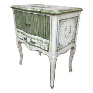 Vintage French Provincial Cream & Sage Green Painted Nightstand With Botanical Decoration For Sale