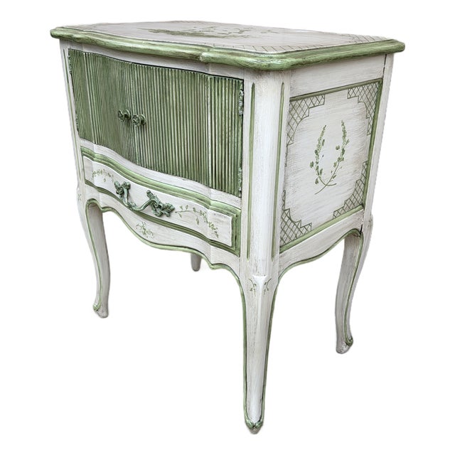 Vintage French Provincial Cream & Sage Green Painted Nightstand With Botanical Decoration For Sale