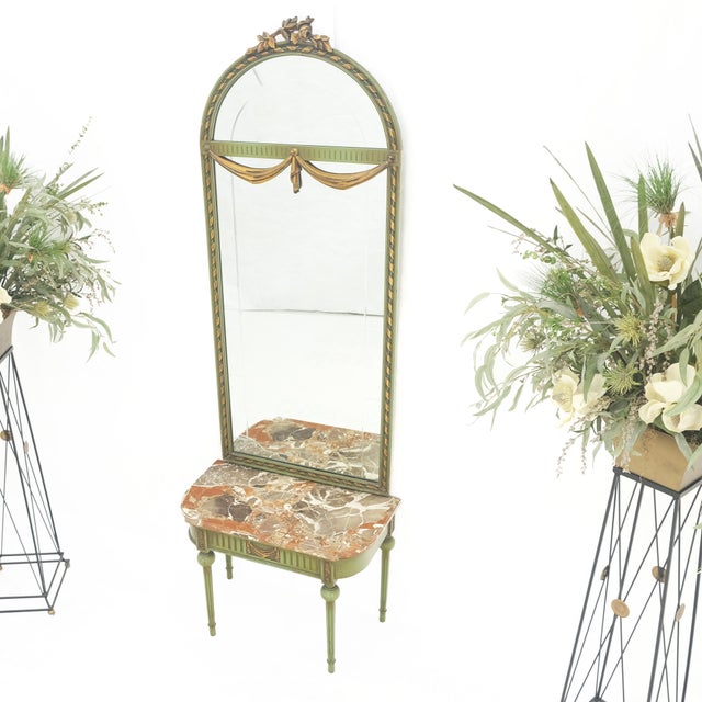 1940s Marble Top Console Dome Shape Green & Gold french Pier Mirror - Set of 2 For Sale - Image 5 of 11