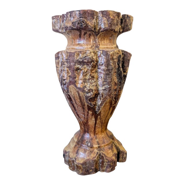 Vintage Hand-Carved Wabi-Sabi Chrysanthemum Wood Vase For Sale