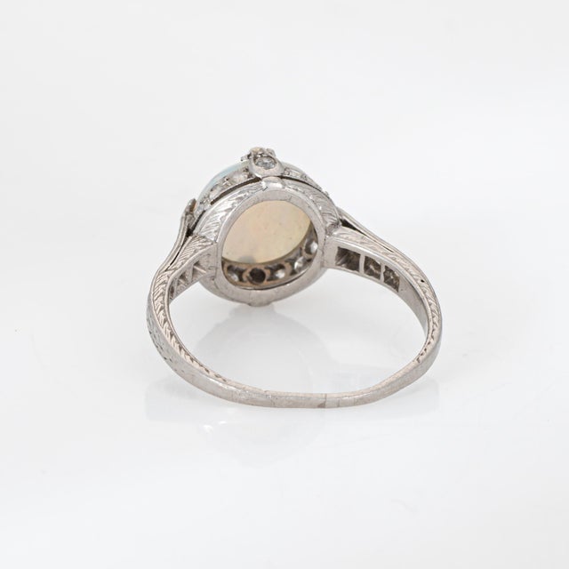 1920s Vintage Art Deco Opal Diamond Ring Platinum Engagement Bridal Jewelry, Size 6 For Sale - Image 5 of 7