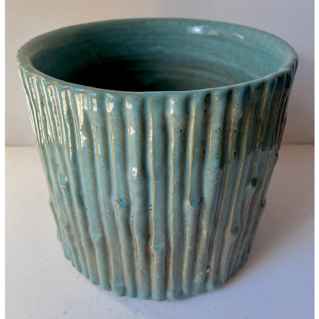 Vintage Turquoise Faux Bamboo Ceramic Planter/Cachepot For Sale In New York - Image 6 of 6