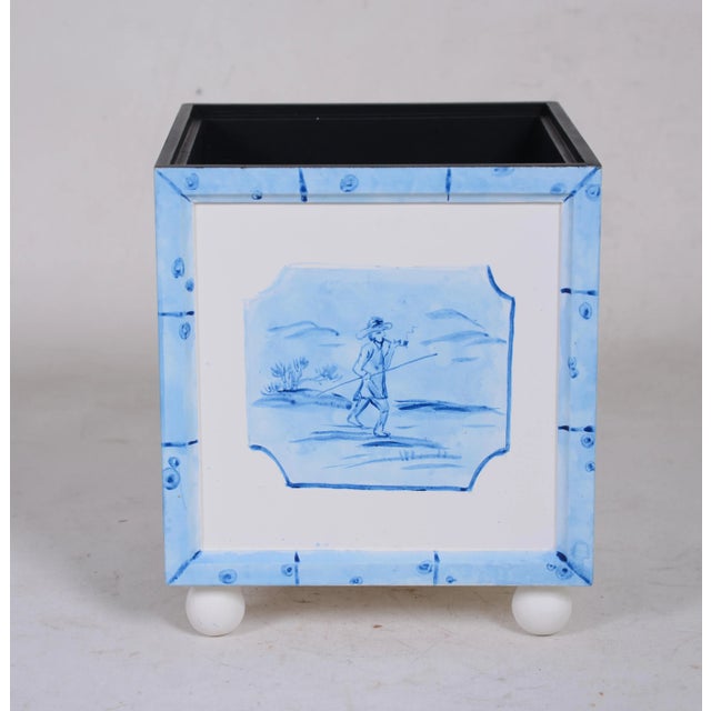 1990s English Traditional Aqua Wooden Box Holder With Delf Design For Sale In New York - Image 6 of 6