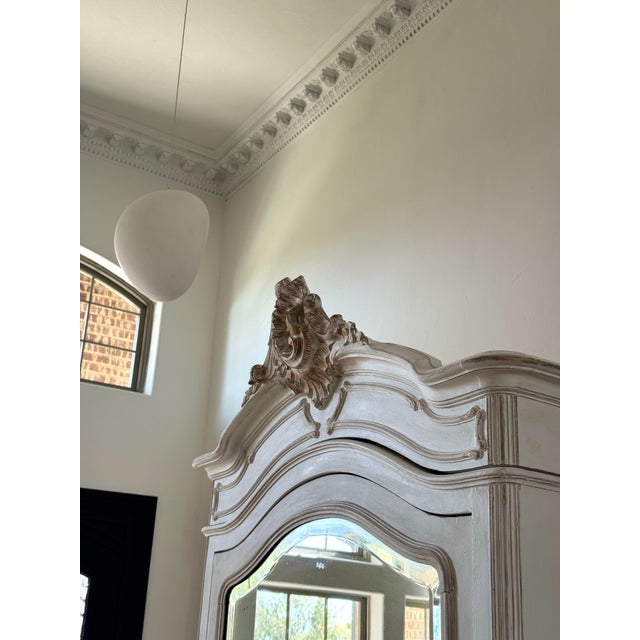 French Provincial 19th Century French Hand-Carved Mirrored Armoire – Single Door, Ornate Crest, Distressed White For Sale - Image 3 of 12