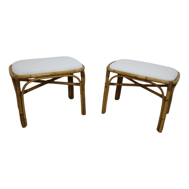 Set of Stools in White Rattan and Bamboo Bouclé Fabric, Italy, 1970s For Sale