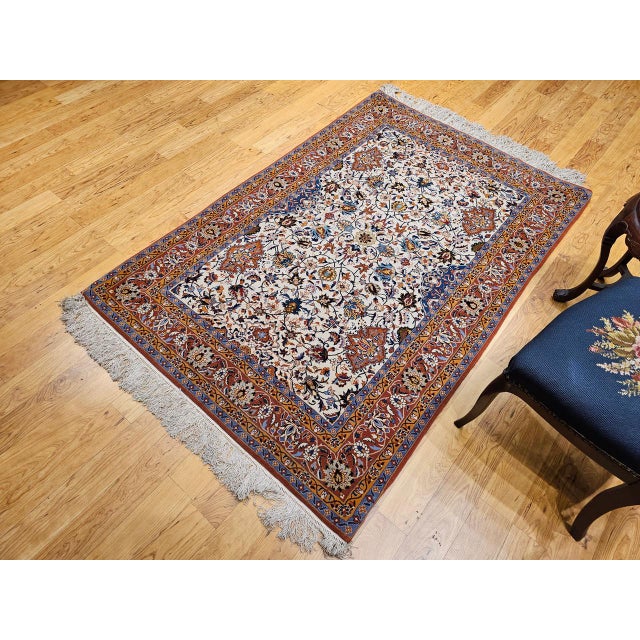 Vintage Persian Isfahan Rug, Hand-Knotted Wool & Silk, Allover Floral Pattern, Ivory & Brick-Red, 4x6 For Sale In Chicago - Image 6 of 18