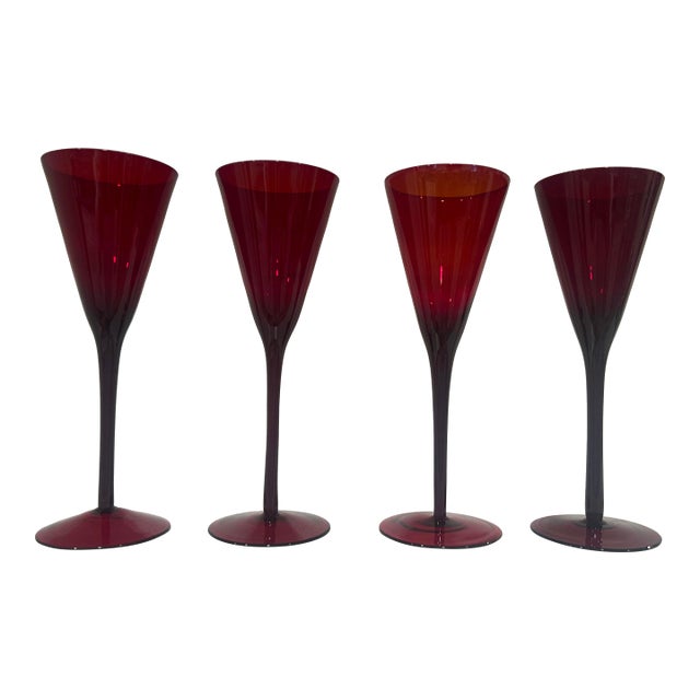 Modern Mouth Blown Ruby Red Wine Glasses - Set of Four For Sale