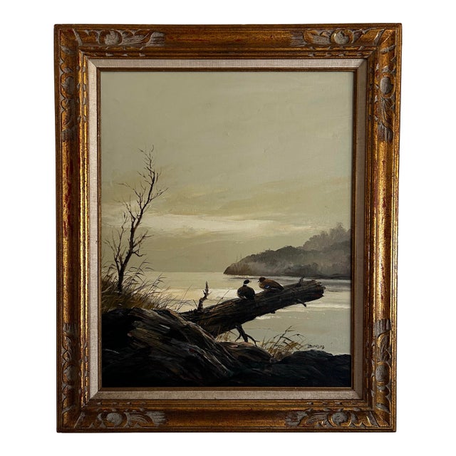 Vintage 1970’s Landscape Oil on Canvas Painting of Ducks on Lake Signed Trinidad For Sale