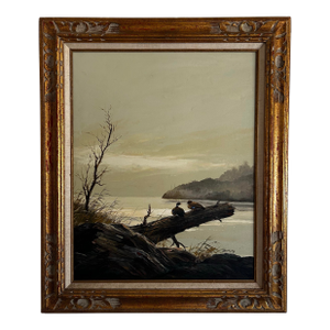 Vintage 1970’s Landscape Oil on Canvas Painting of Ducks on Lake Signed Trinidad