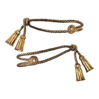 Pair of Vintage Italian Gilt Rope Curtain Tiebacks With Tassels, Hollywood Regency Style For Sale