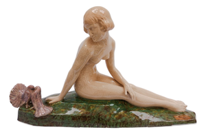 Alexandre Morlon, Sculpture of Nude Woman with Turtle Doves, 1920s-1940s, Ceramic